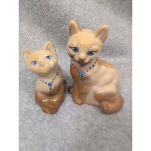 Fenton Chocolate Slag Glass Cat Figurines Blue Eyes Siamese Hand Painted Signed